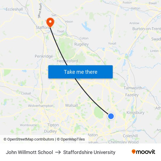 John Willmott School to Staffordshire University map