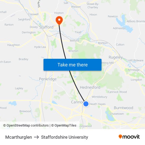 Mcarthurglen to Staffordshire University map