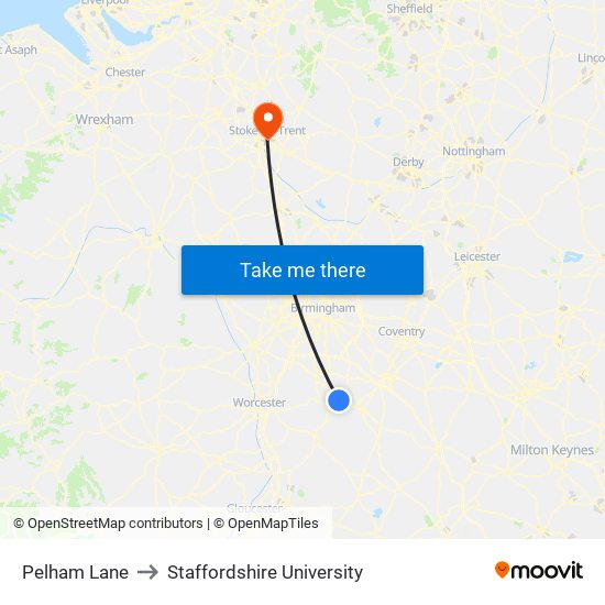 Pelham Lane to Staffordshire University map