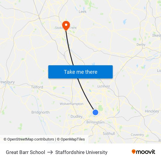 Great Barr School to Staffordshire University map