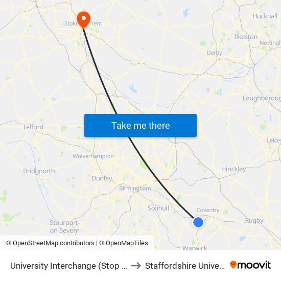University Interchange (Stop Uw5) to Staffordshire University map