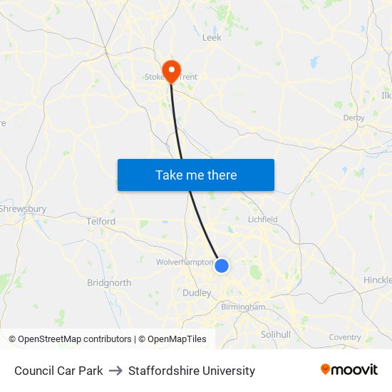 Council Car Park to Staffordshire University map