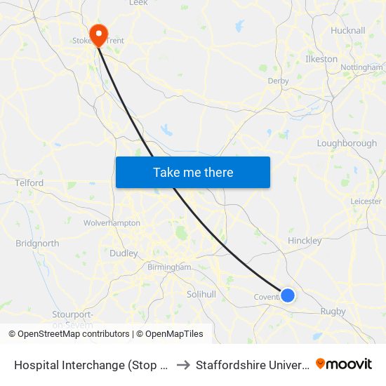 Hospital Interchange (Stop Uh9) to Staffordshire University map
