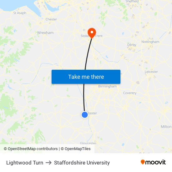 Lightwood Turn to Staffordshire University map