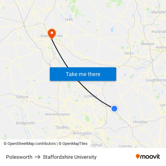 Polesworth to Staffordshire University map
