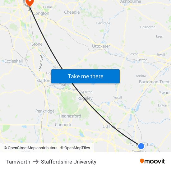 Tamworth to Staffordshire University map