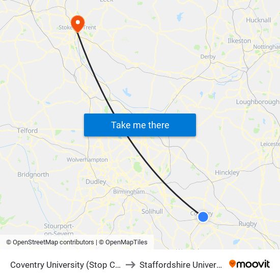 Coventry University (Stop Cu2) to Staffordshire University map