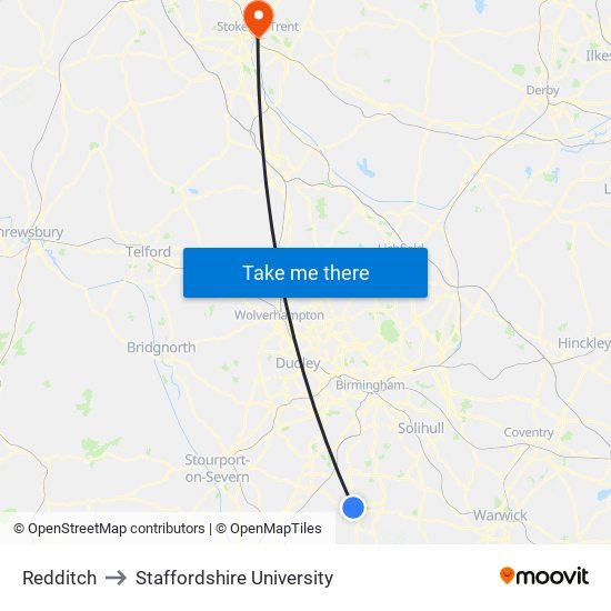 Redditch to Staffordshire University map