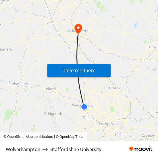 Wolverhampton to Staffordshire University map