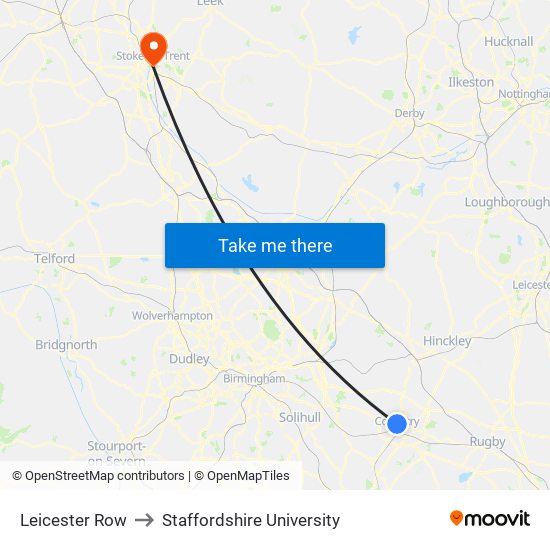 Leicester Row to Staffordshire University map