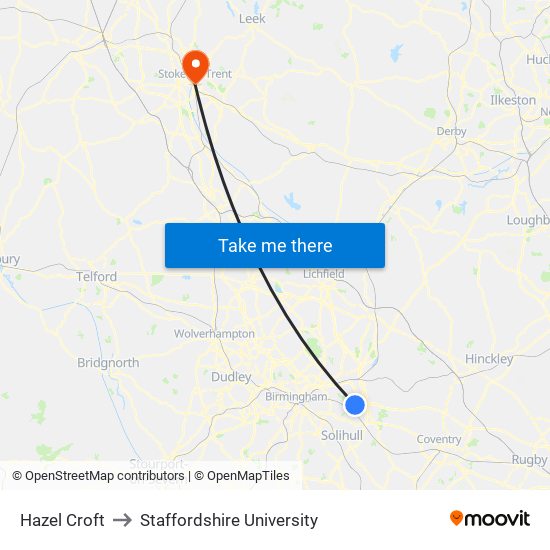 Hazel Croft to Staffordshire University map