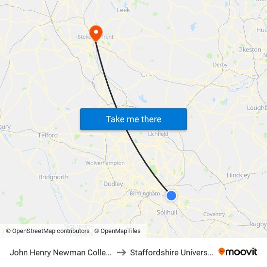 John Henry Newman College to Staffordshire University map