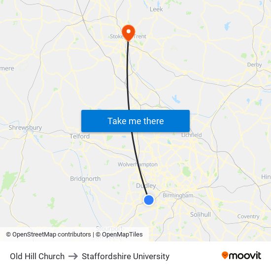 Old Hill Church to Staffordshire University map