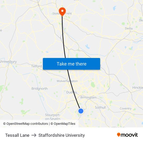 Tessall Lane to Staffordshire University map