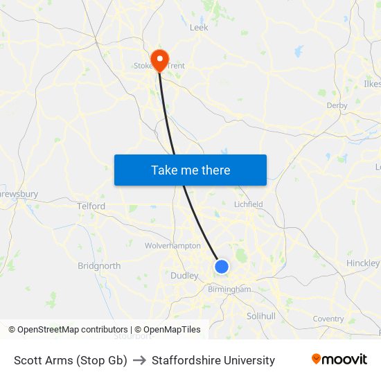 Scott Arms (Stop Gb) to Staffordshire University map