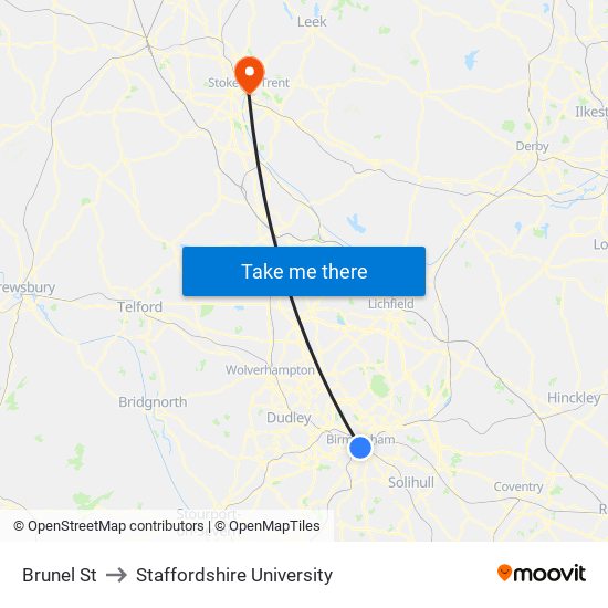 Brunel St to Staffordshire University map