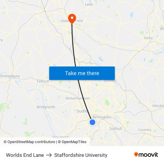 Worlds End Lane to Staffordshire University map