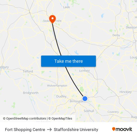 Fort Shopping Centre to Staffordshire University map