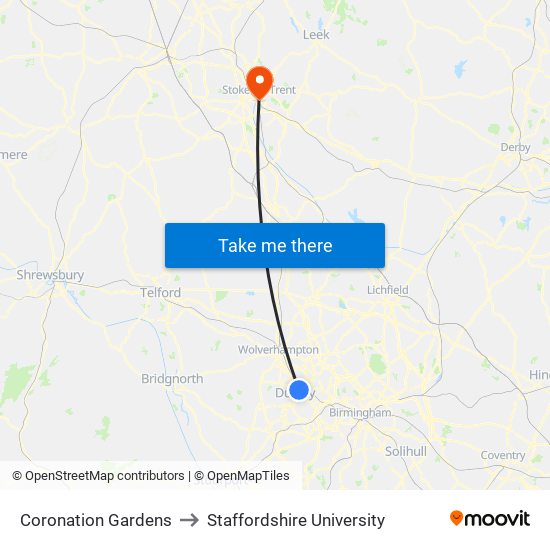 Coronation Gardens to Staffordshire University map