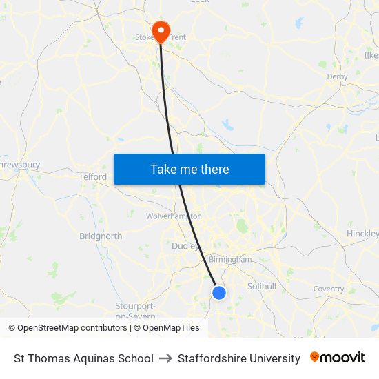 St Thomas Aquinas School to Staffordshire University map