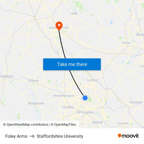 Foley Arms to Staffordshire University map