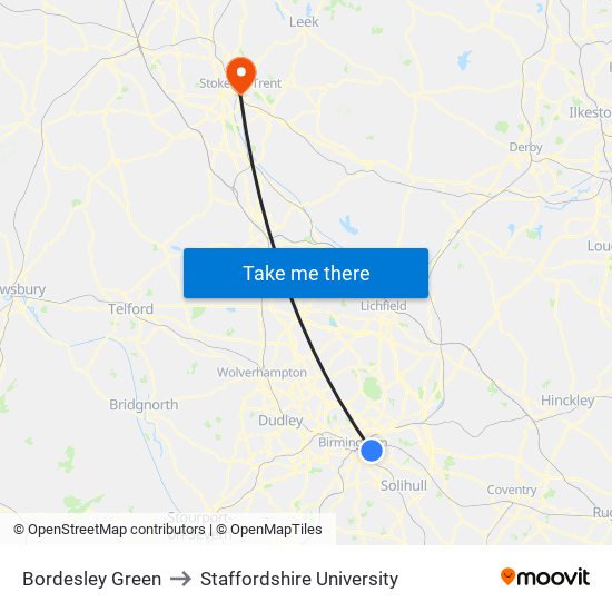 Bordesley Green to Staffordshire University map