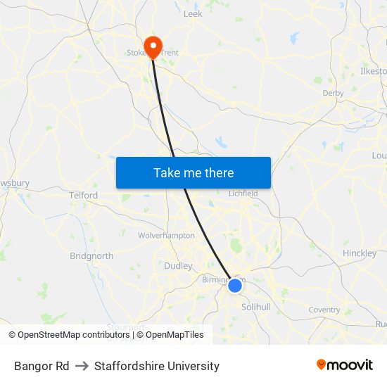 Bangor Rd to Staffordshire University map