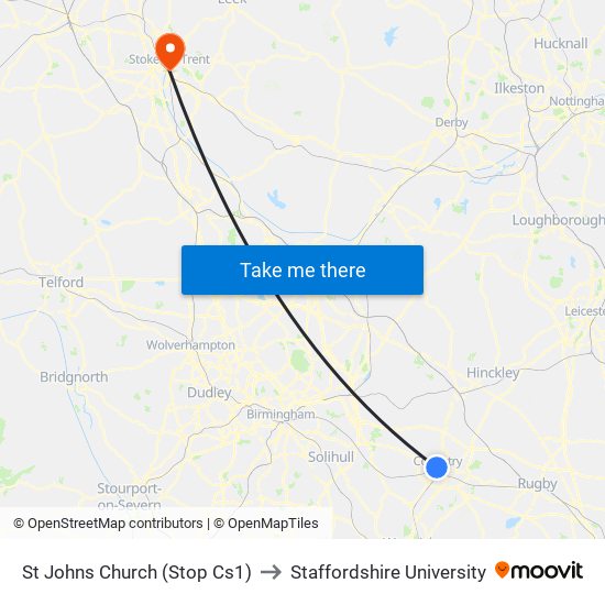 St Johns Church (Stop Cs1) to Staffordshire University map