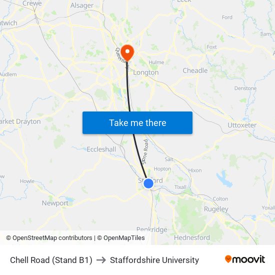 Chell Road (Stand B1) to Staffordshire University map