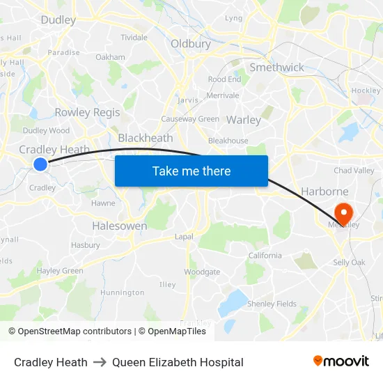 Cradley Heath to Queen Elizabeth Hospital map