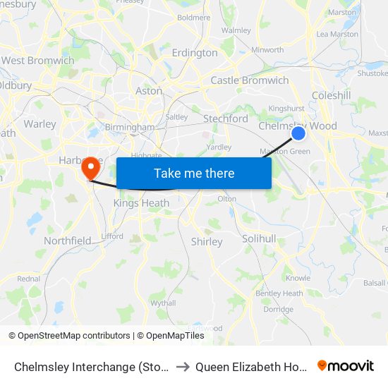 Chelmsley Interchange (Stop Cm) to Queen Elizabeth Hospital map