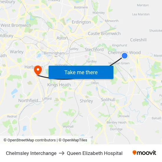 Chelmsley Interchange to Queen Elizabeth Hospital map
