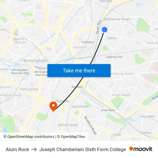 Alum Rock to Joseph Chamberlain Sixth Form College map