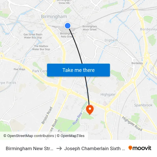 Birmingham New Street Station to Joseph Chamberlain Sixth Form College map