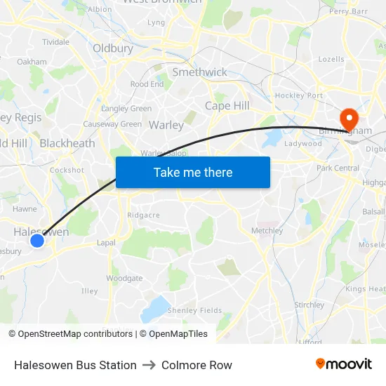 Halesowen Bus Station to Colmore Row map