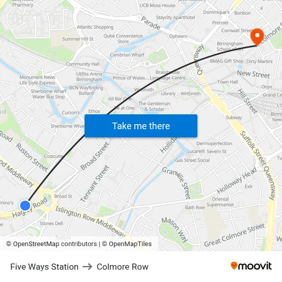 Five Ways Station to Colmore Row map