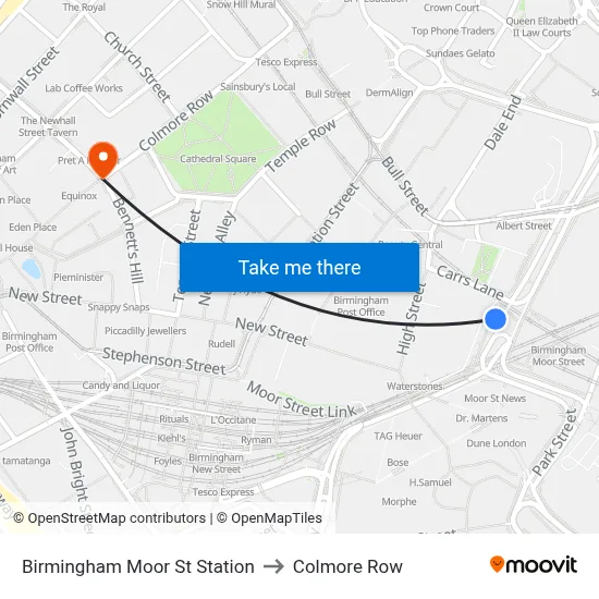 Birmingham Moor St Station to Colmore Row map