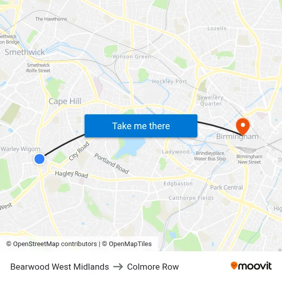 Bearwood West Midlands to Colmore Row map