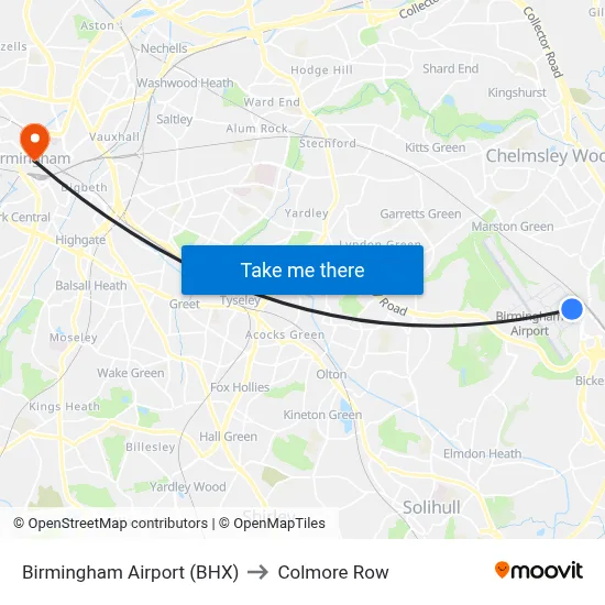 Birmingham Airport (BHX) to Colmore Row map