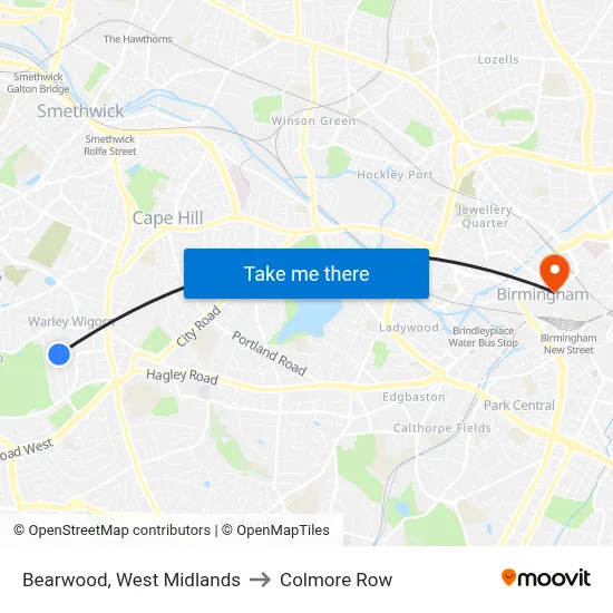 Bearwood, West Midlands to Colmore Row map