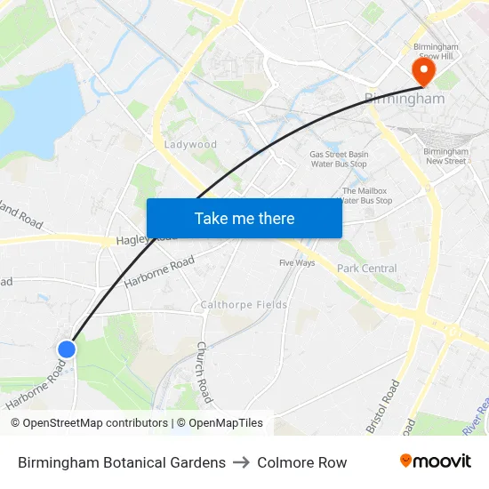 Birmingham Botanical Gardens to Colmore Row map