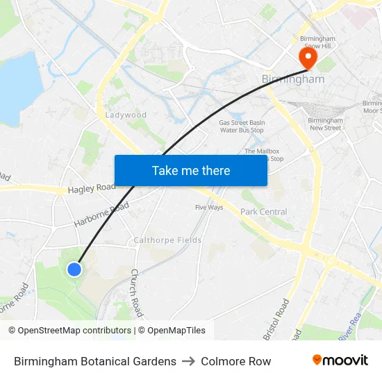 Birmingham Botanical Gardens to Colmore Row map