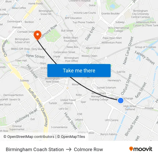 Birmingham Coach Station to Colmore Row map