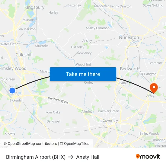 Birmingham Airport (BHX) to Ansty Hall map
