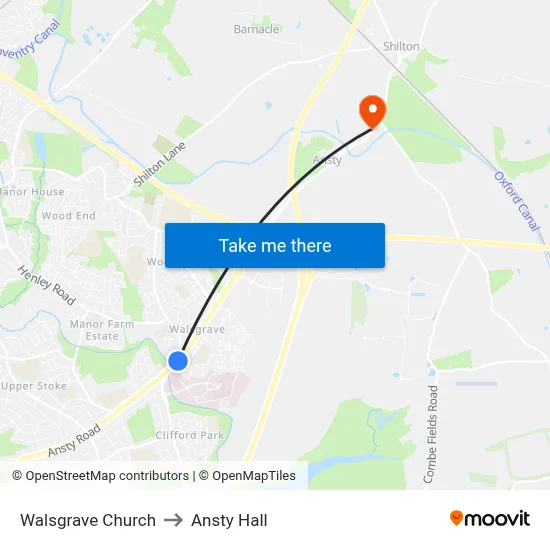 Walsgrave Church to Ansty Hall map