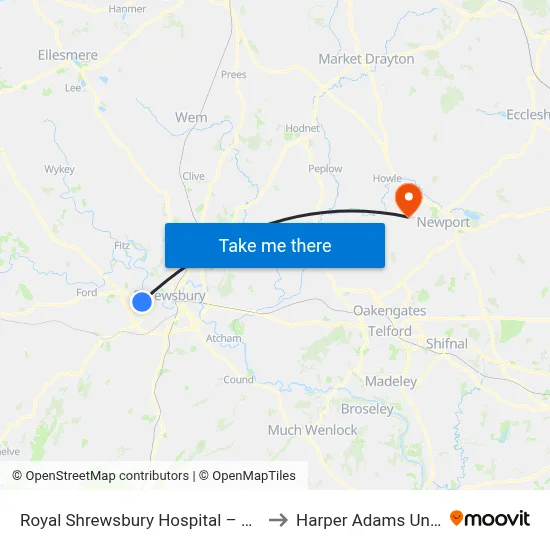 Royal Shrewsbury Hospital – Shrewsbury to Harper Adams University map