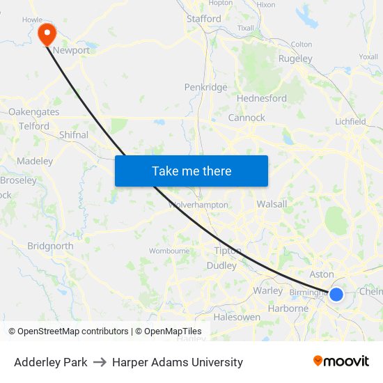 Adderley Park to Harper Adams University map