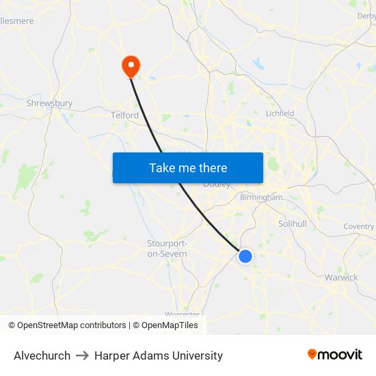 Alvechurch to Harper Adams University map