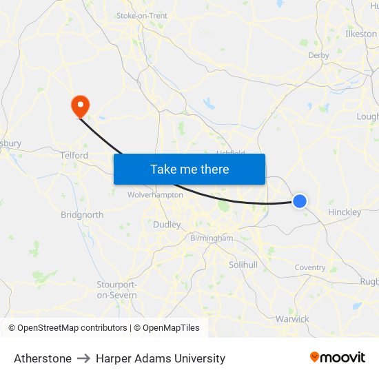 Atherstone to Harper Adams University map