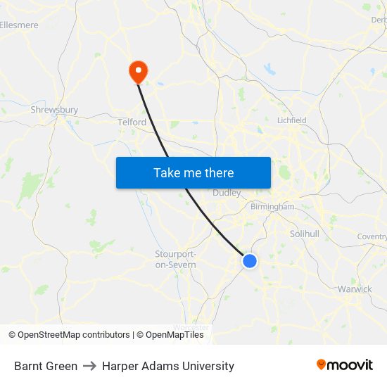 Barnt Green to Harper Adams University map